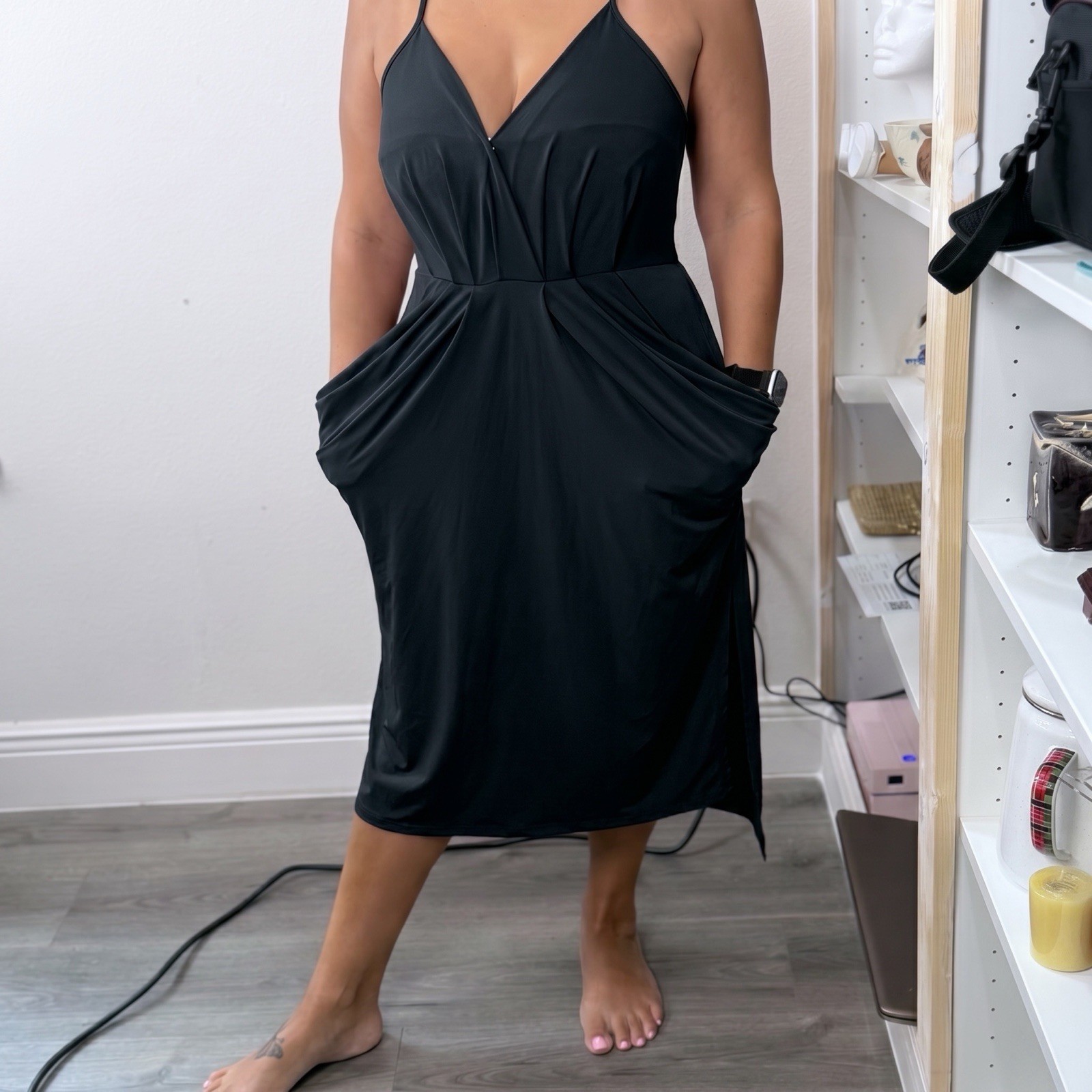 BCBGeneration Black Midi Dress Medium Racerback Draped Pockets Side Slit