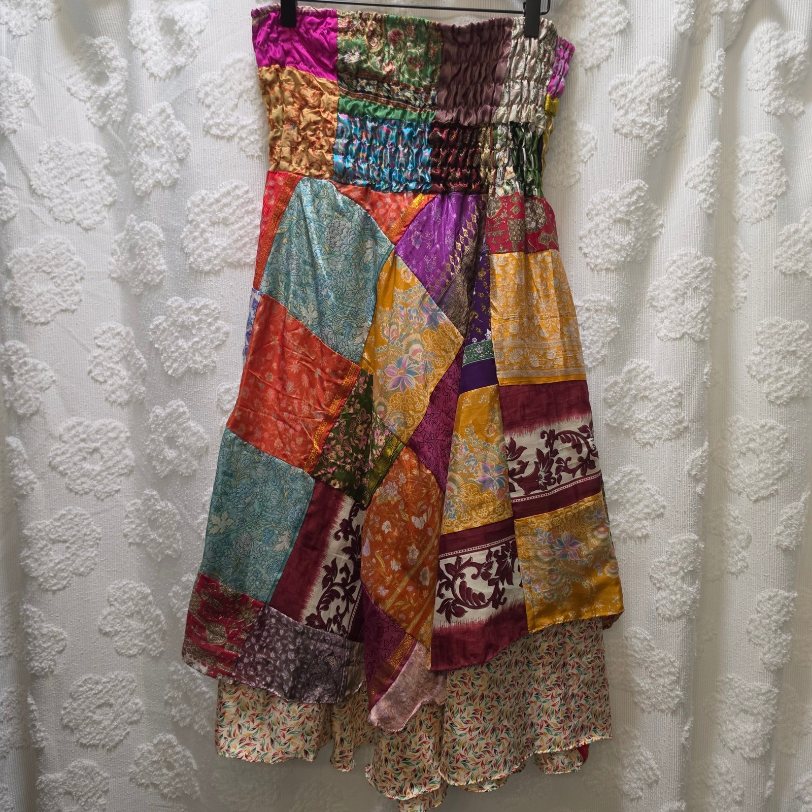 Boho Patchwork Strapless Smocked Midi Dress Multi Color Silk Blend Floral Skirt