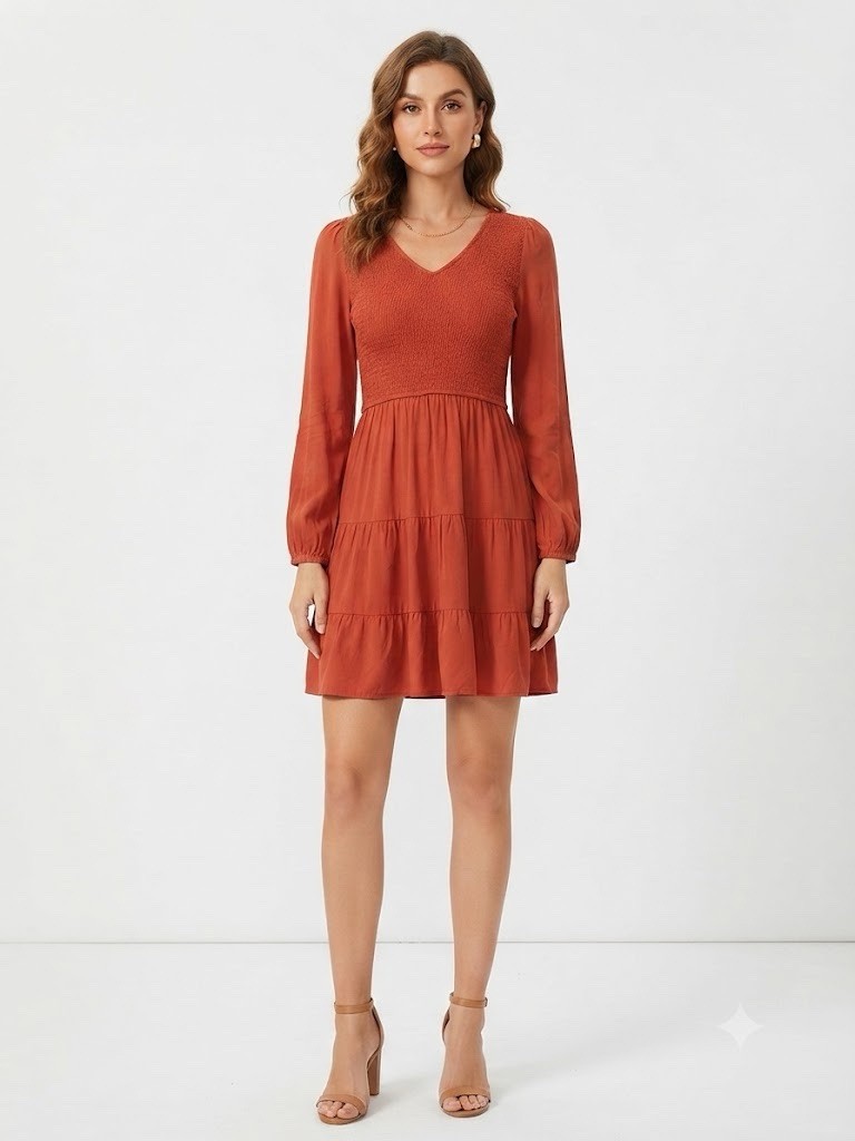 ZESICA Red Smocked Tiered Maxi Dress V-Neck Long Sleeve S