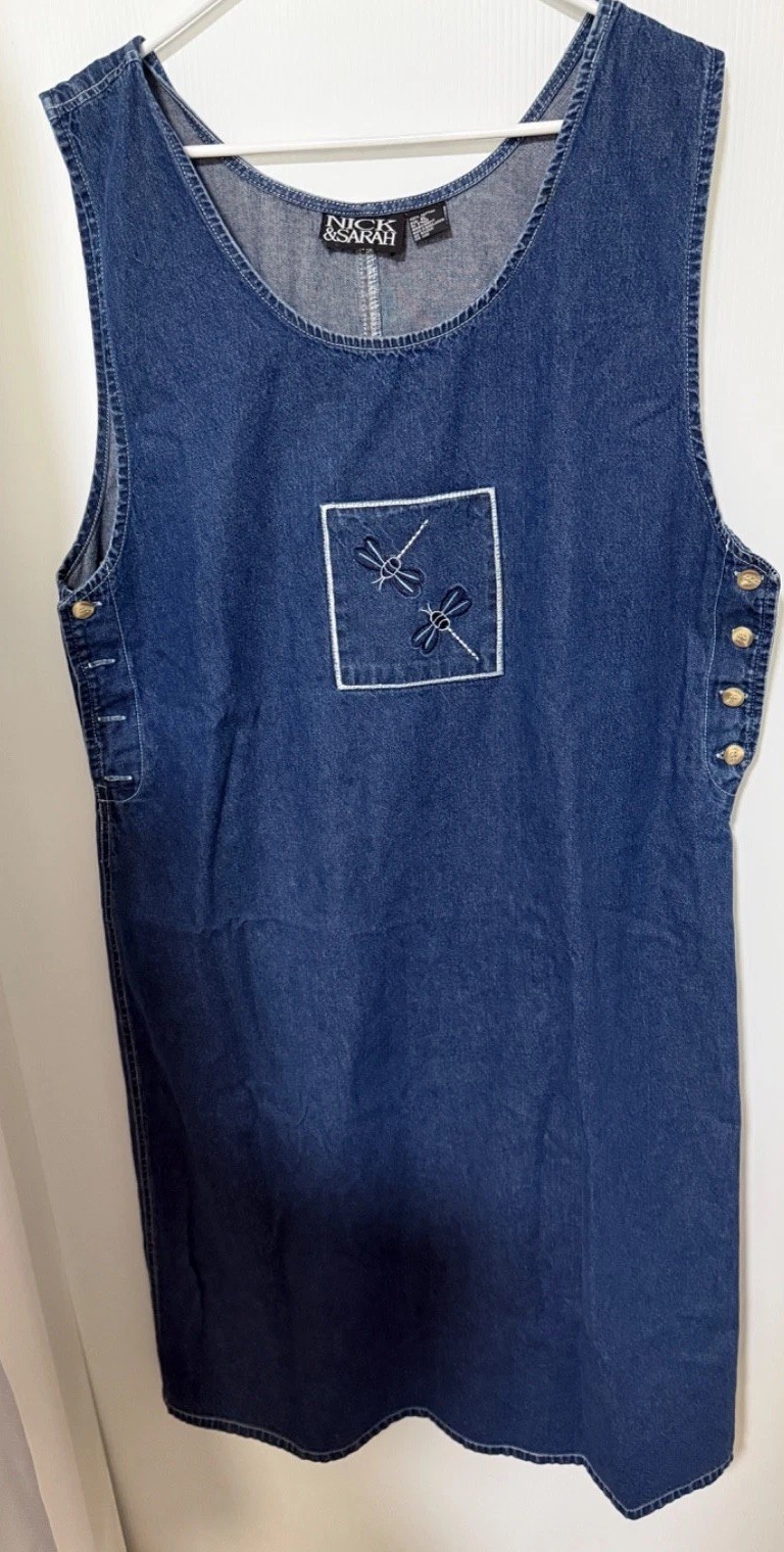 Nick & Sarah Vintage Denim Jumper Dress embroderied dragonflies SZ XL