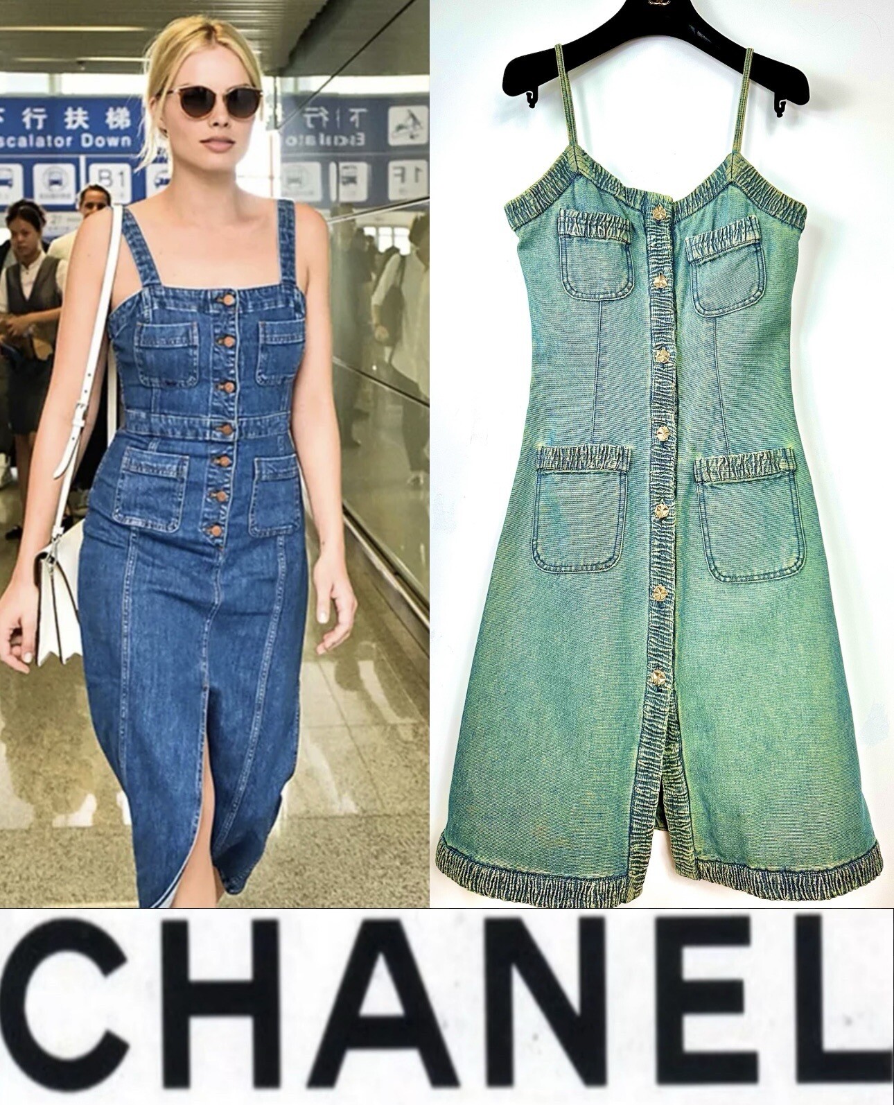 Chanel Vintage 2001 Barbie Blue Denim Midi Dress 36 38 4 6 Vtg Logo Button S M