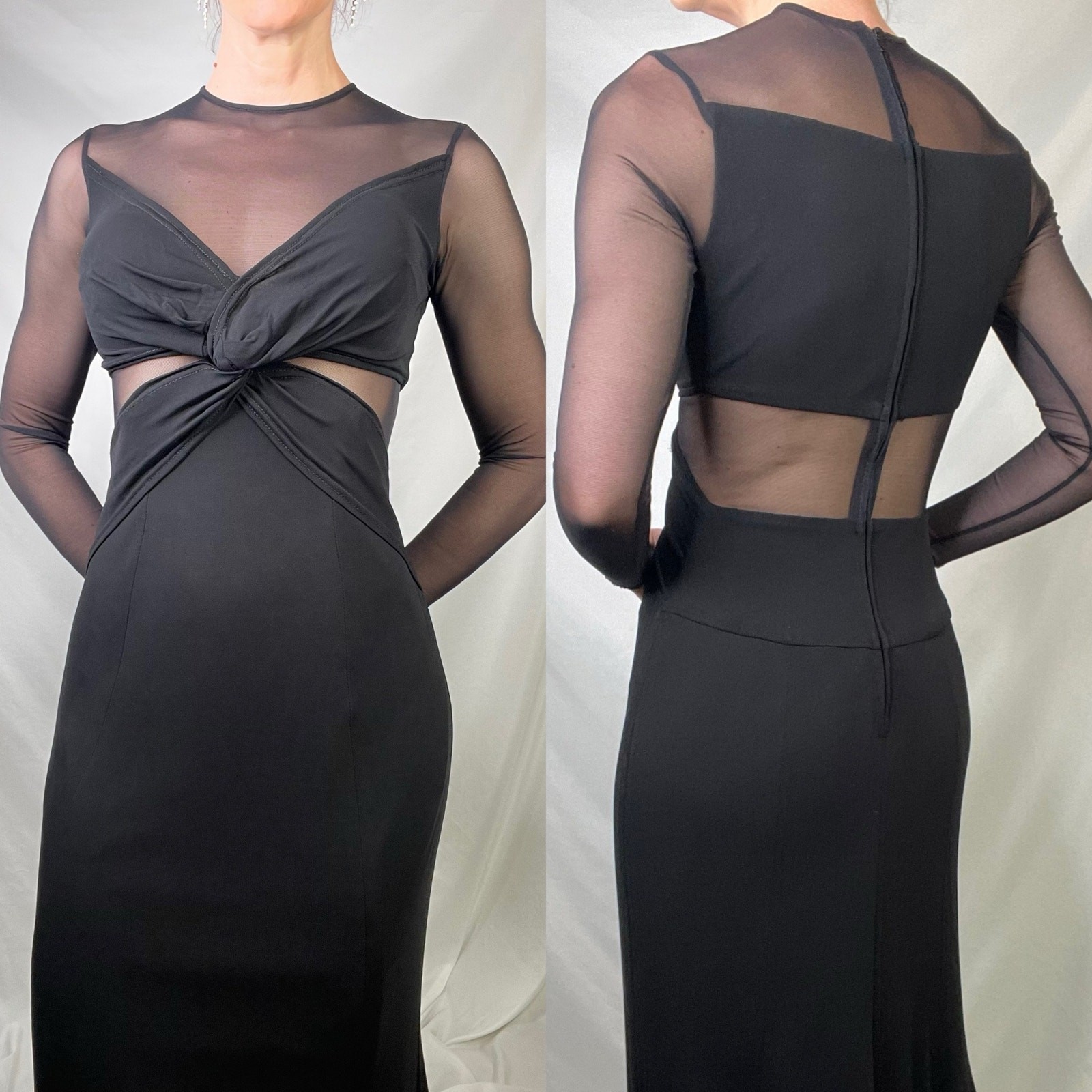 Cache Tadashi sheer illusion maxi dress vintage 90s Y2K mesh long sleeve gown S