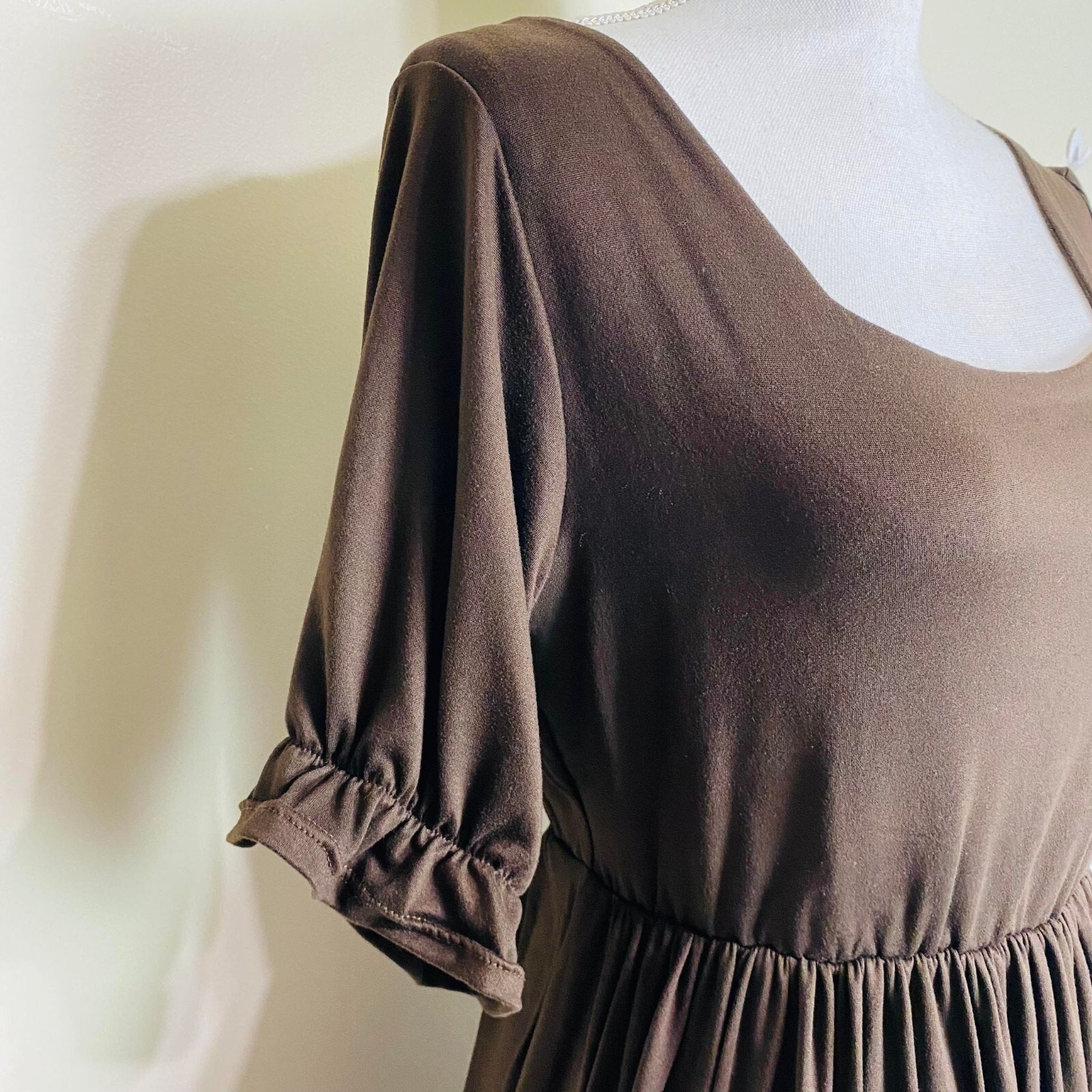 Puff Sleeve Square Neck Long Dress for Women, Fits Small to Medium,Brown