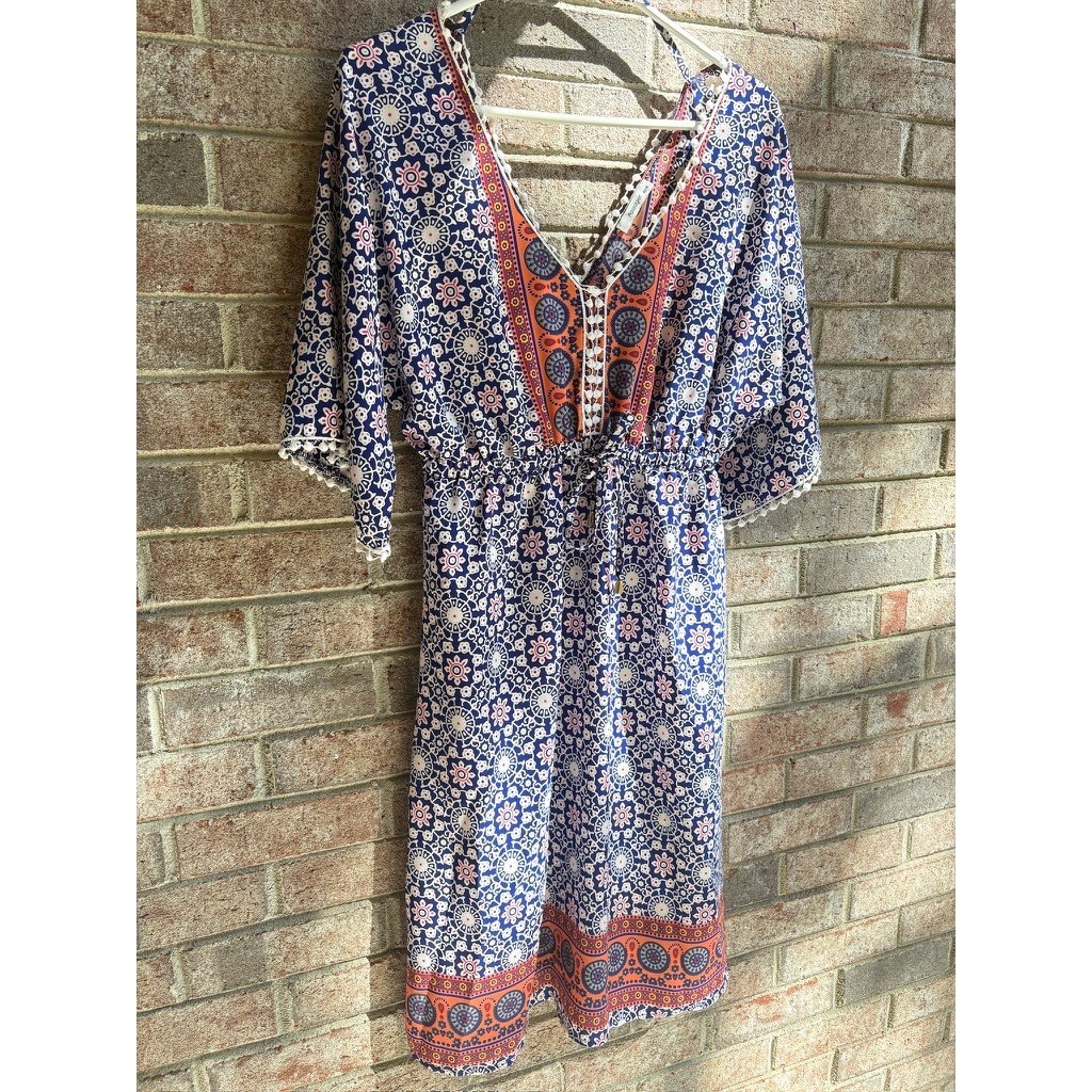 Passager Boho Beach Cover Up Dress EU 40 M Medallion Print Pom Trim