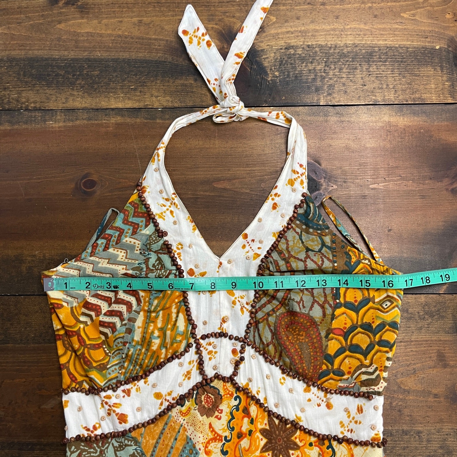 Alberto Makali Halter Cotton Brown Yellow Printed Beaded Boho Dress Women’s 8