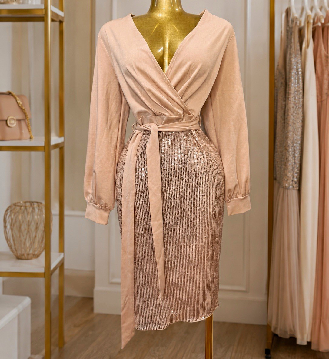 Grace Karin Blush Gold Sequin Wrap Dress V-Neck Balloon Long Sleeve M