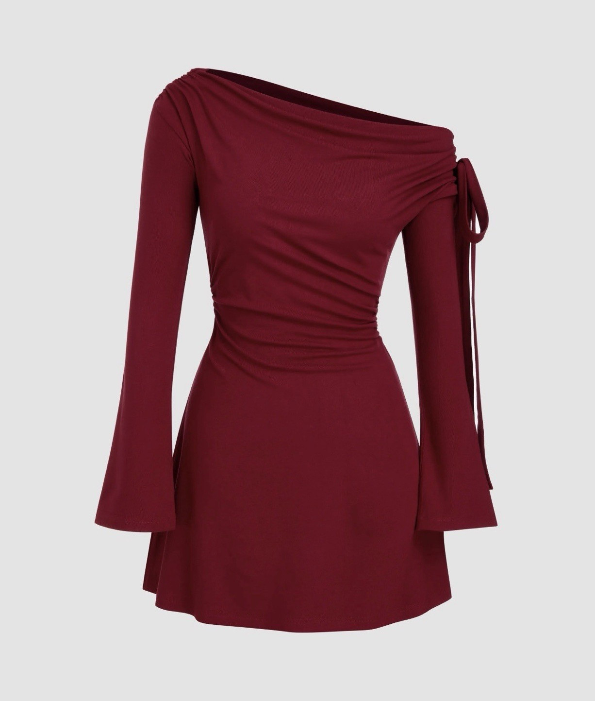 Burgundy Off Shoulder Flared Long Sleeve Mini Dress Bow Accent Knit S