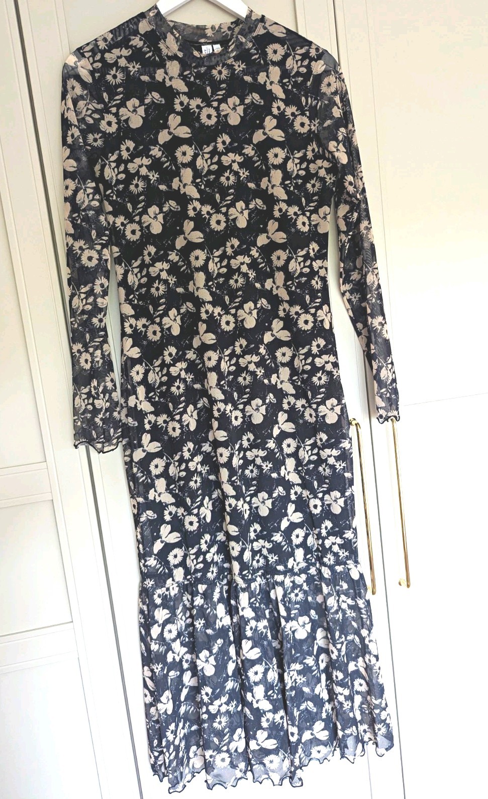 & Other Stories Black Beige Floral Sheer Mesh Long Sleeve Midi Dress Size S 8 10
