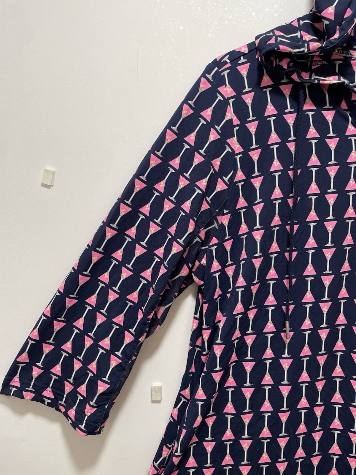 Beachtime Navy Pink Geometric Shift Dress Hood Button Collared Pockets XL