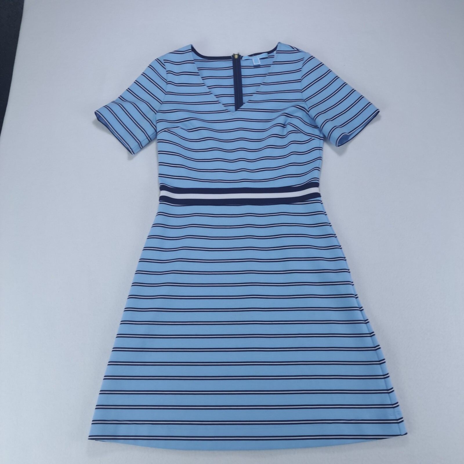 Draper James Ponte Stripe A-line Dress in Blue Stripes Xtra Small Zip Back