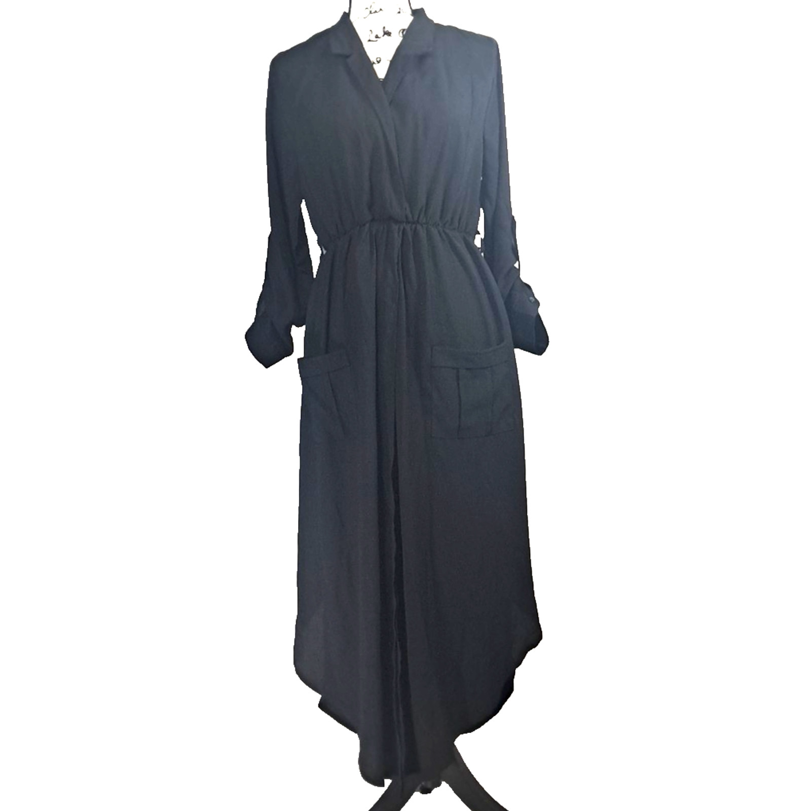 Faux Wrap Split Skirt Roll Tab Sleeve Maxi Dress Size L Black Goth Vamp Festival