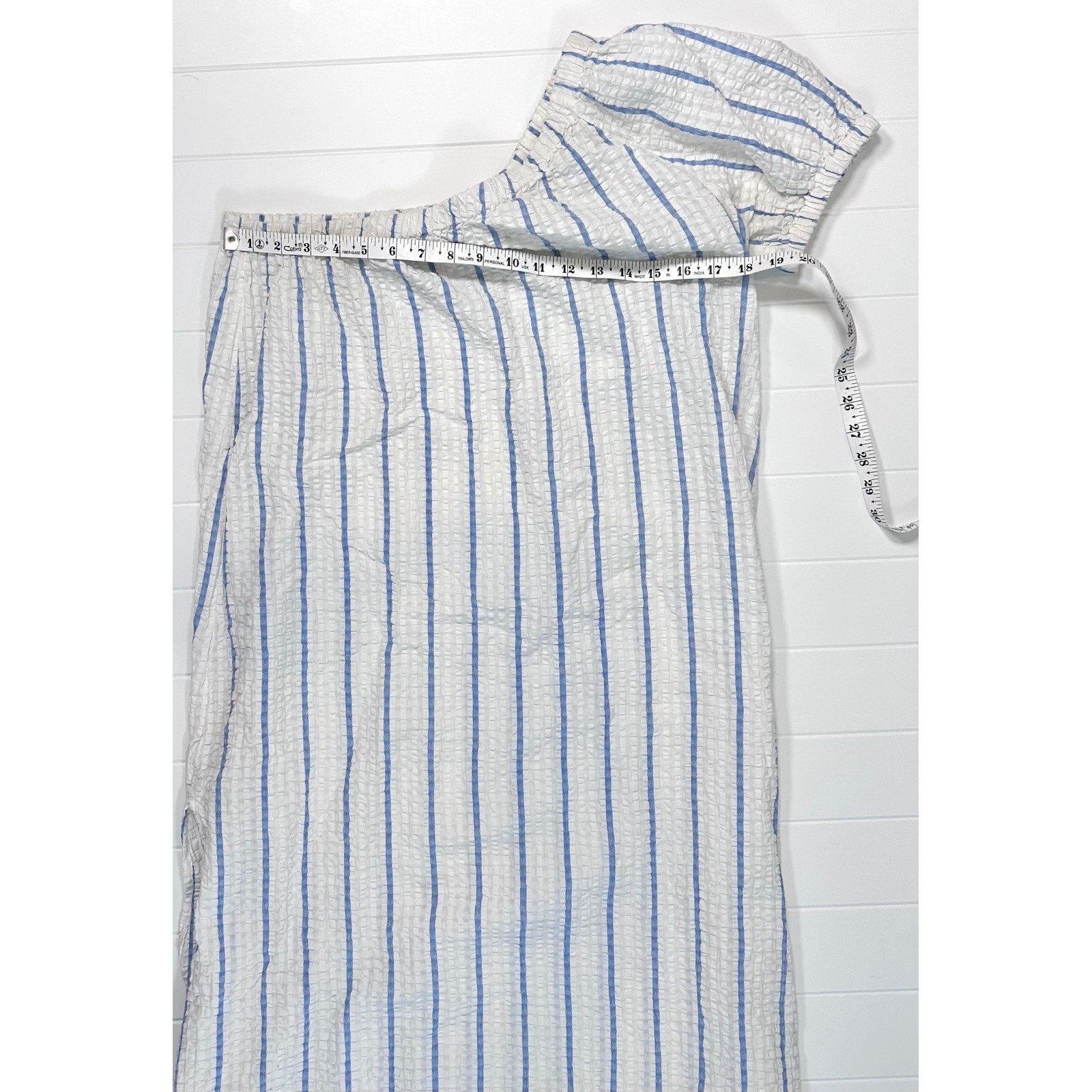 Madewell One Shoulder Seersucker Midi Dress Blue White Striped Pockets NM263