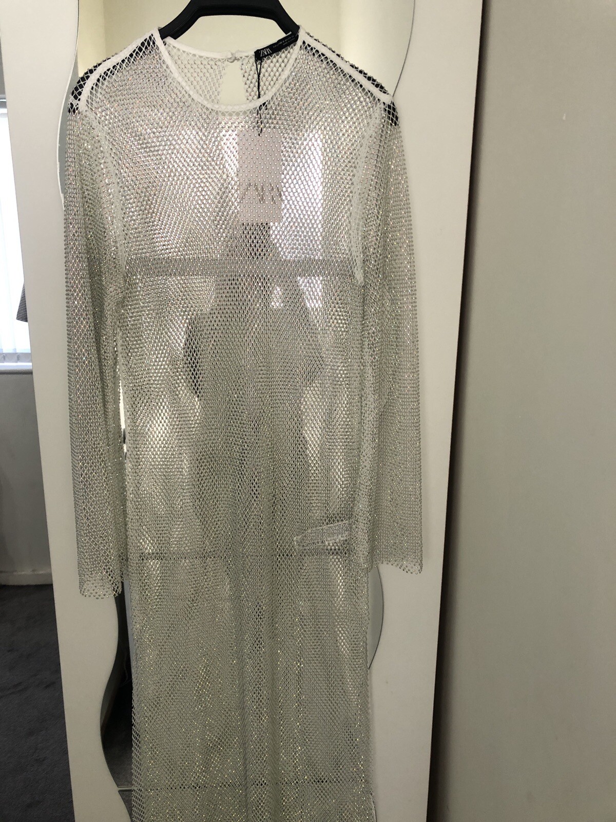 £120 ZARA SILVER RHINESTONE MESH midi maxi bodycon DRESS XS S 8 10 12 Cover Up