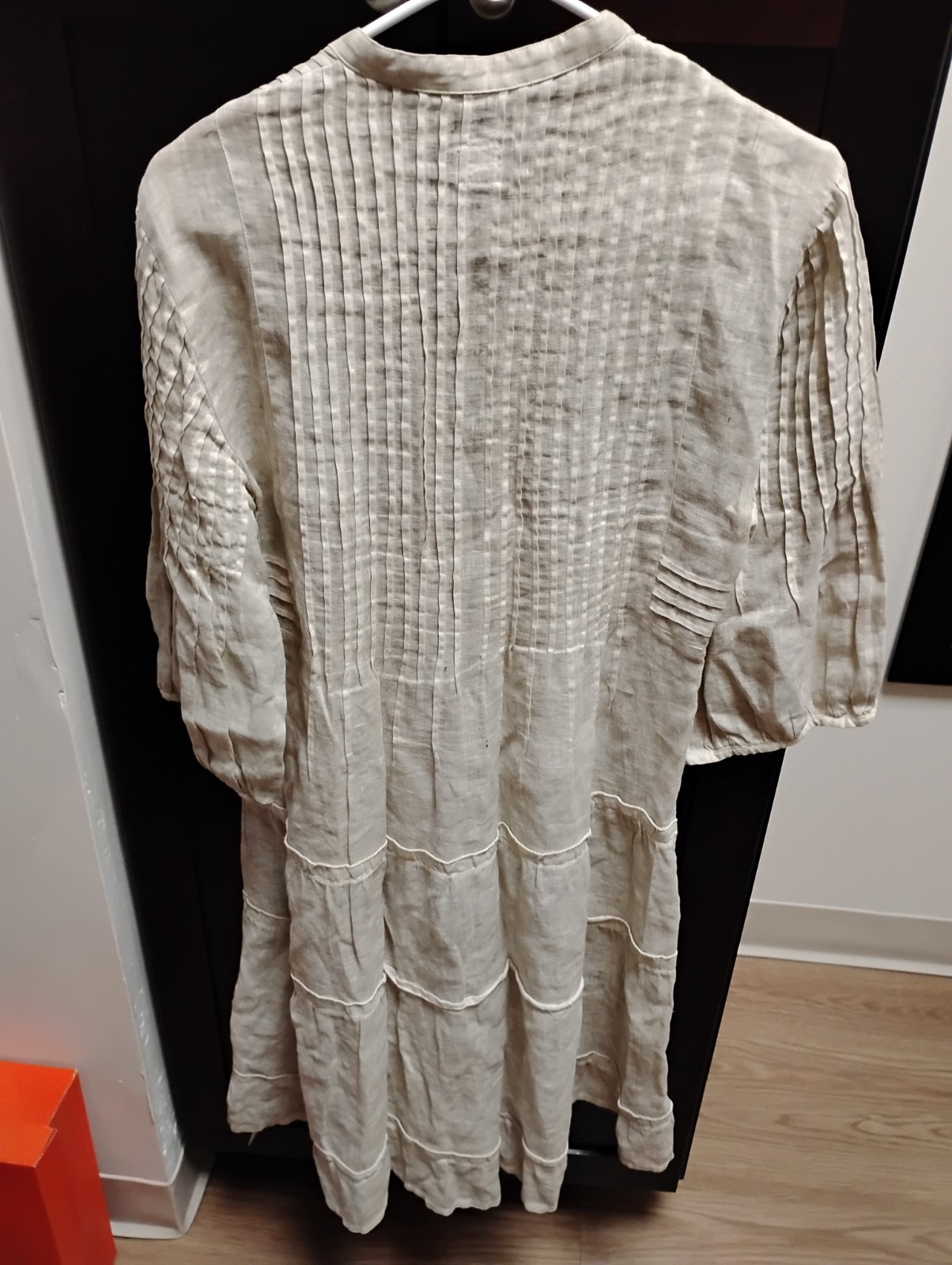 120% Lino Beige Linen Pleated Midi Shirt Dress V-Neck 3/4 Sleeve S