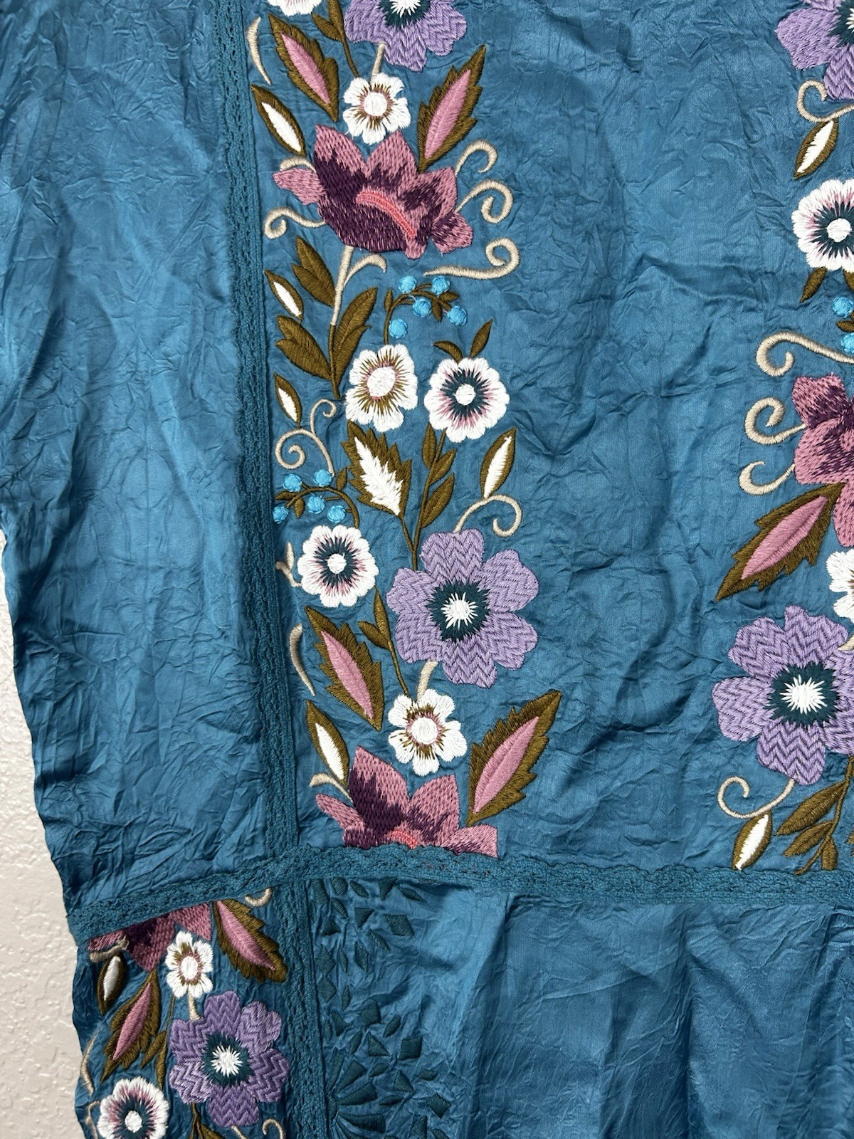 Sundance Catalog Malika Crinkle Embroidered Floral Lace Blue Dress Size XS