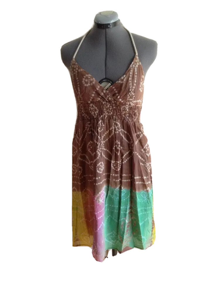 Vintage Havana Boho Summer Cotton Tie Halter Brown with Multi Colors Dress S
