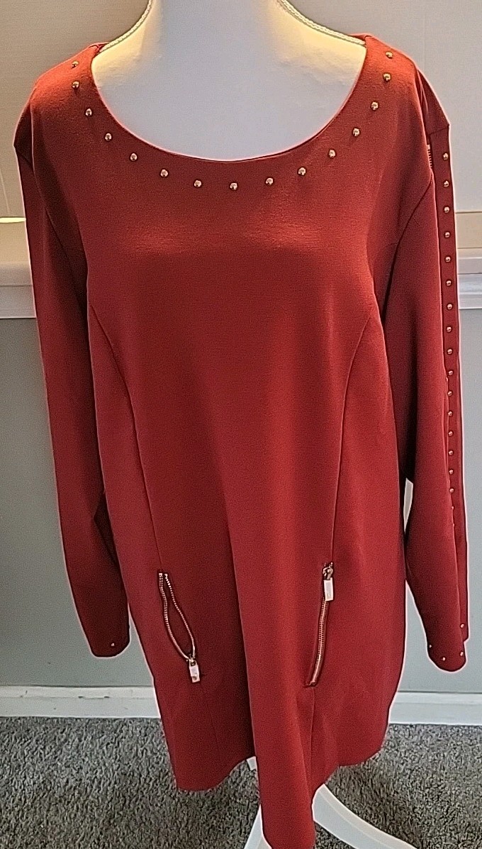 PLUS SIZE 2xl K.Jordan Brick Red Mini Dress/Tunic Long Sleeve Gold Studded
