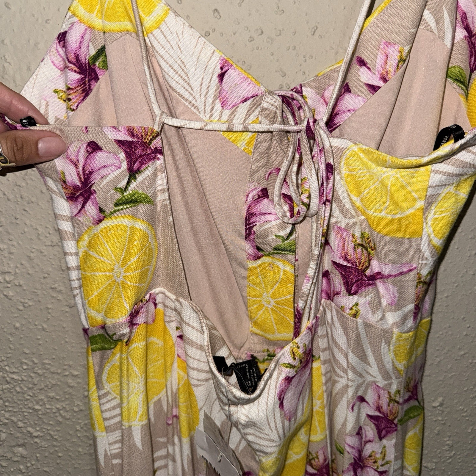 New Forever 21 Beige Lemon Floral V-Neck Button Open-Back Tie Midi Slip Dress S