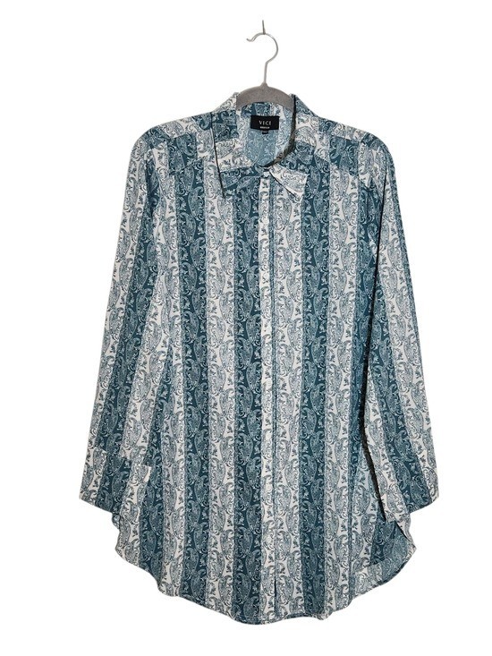 VICI Green and White Paisley Stripe Mini Shirt Dress Tunic Size Medium