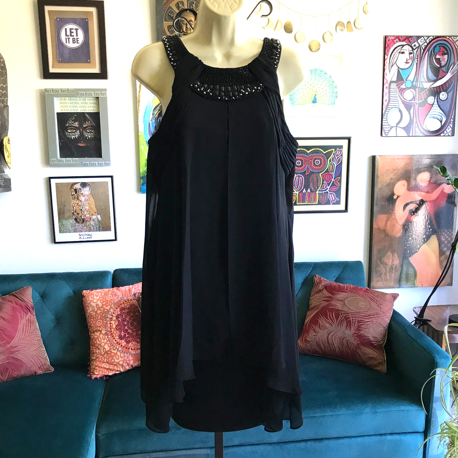 CHAYA size 4 Black Sleeveless Beaded Sheer Chiffon Overlay Cocktail Dress