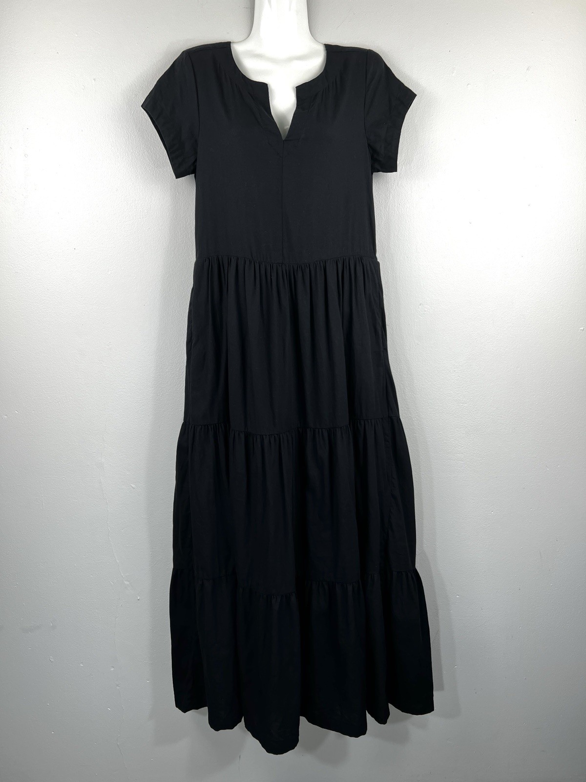 Pact Sunset Light Gauze Notch Neck Tiered Maxi Dress Womens Size Small Black