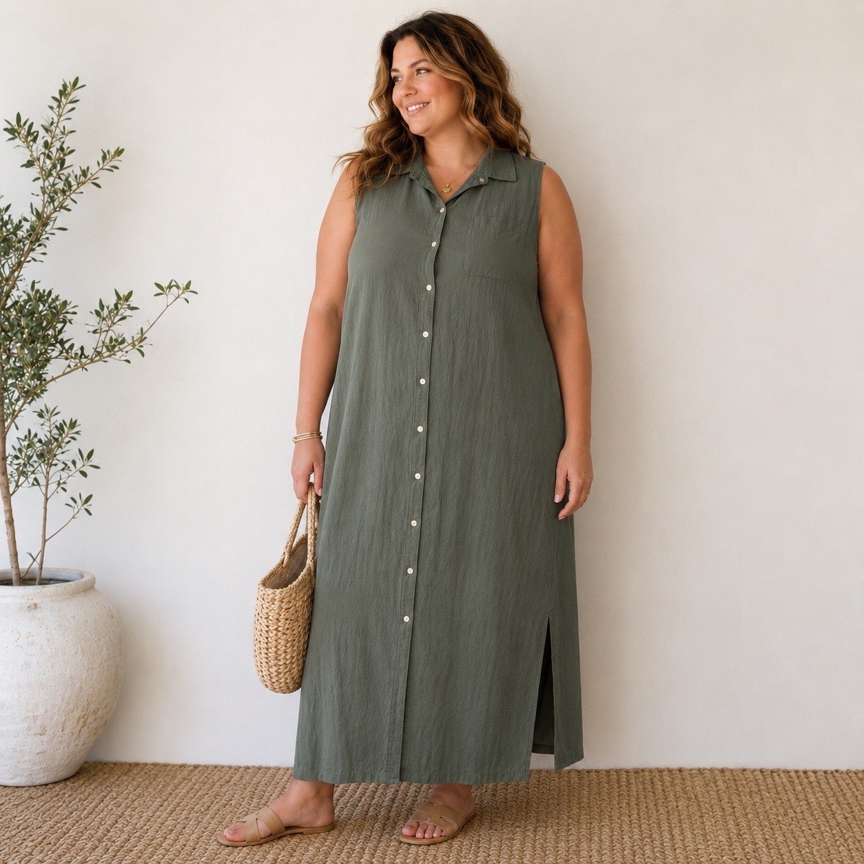 Gap Maxi Shirt Dress Women XXL Olive Green Linen Blend Sleeveless Button Front
