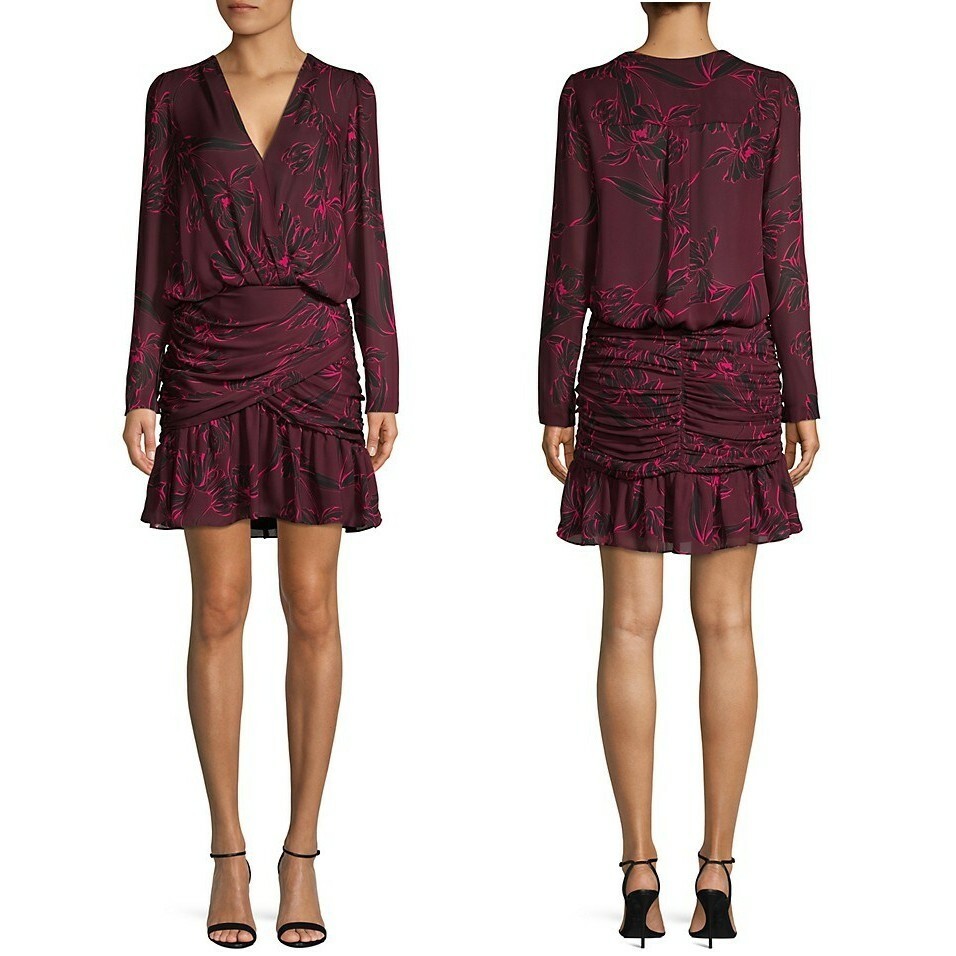 A.L.C. Floral Long sleeve V-Neck Ruched Silk Mini Dress, Size 0 ($595)