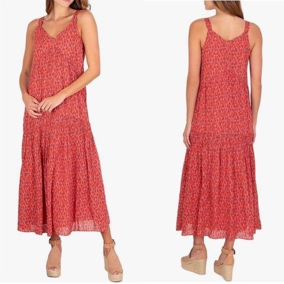 Joie Tea Rose Cotton Ikat Print Tiered Maxi Dress Small JE6001PR Boho V-Neck