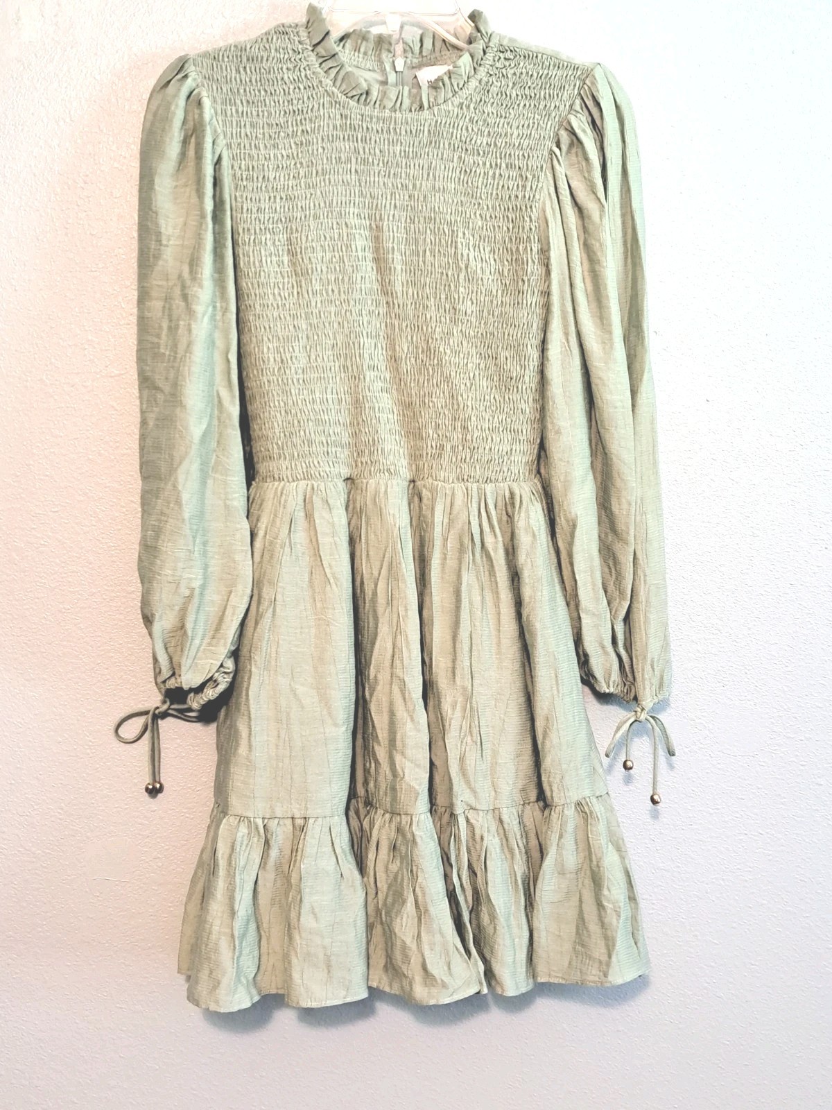 Hello Molly Womens Mini Babydoll Dress XS Olive Old Tale Smocked Fairy