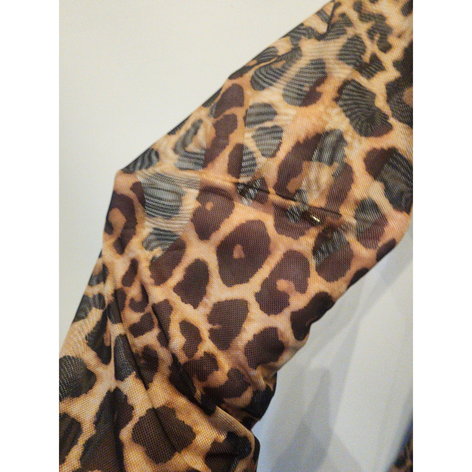 Leopard Mesh Low Back Mini Dress Long Sleeve Brown Tan Animal Print Womens S