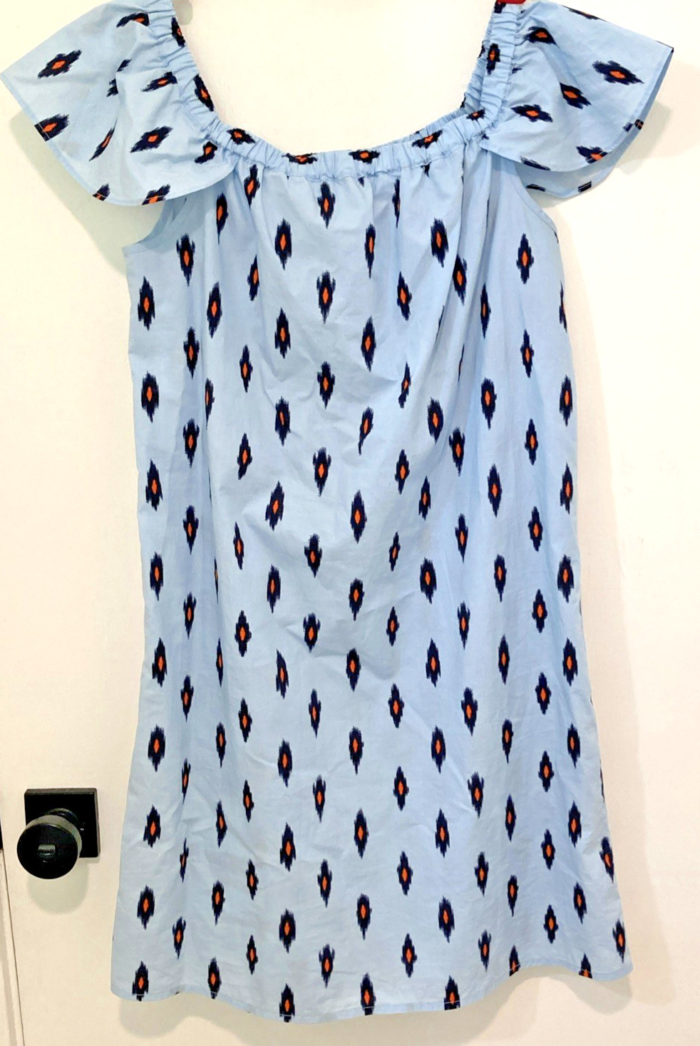 J Crew IKat Off Shoulder Shift Mini Dress Blue/ Orange Cotton Size S