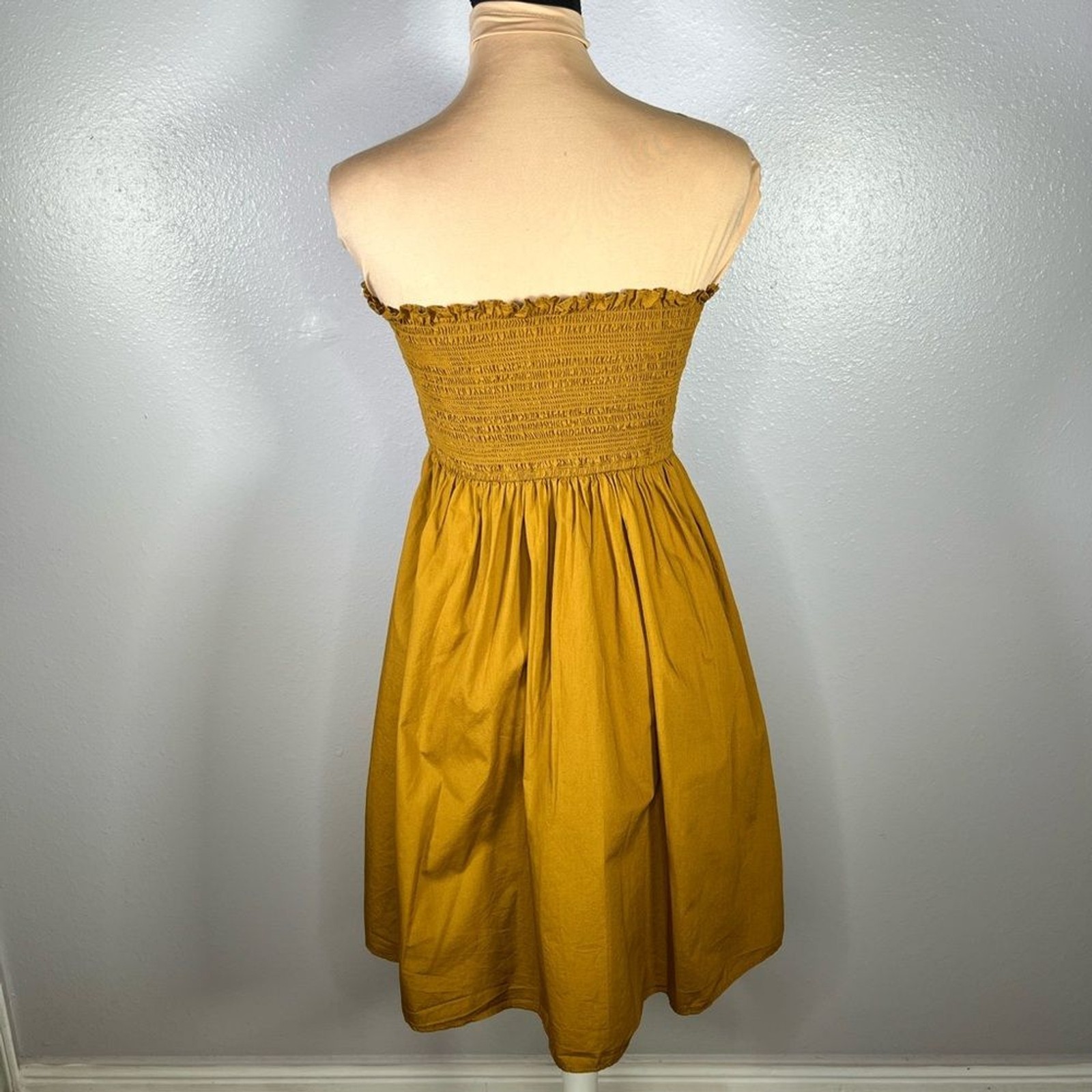 Mustard yellow smocked strapless mini dress S fall boho cottagecore casual dress