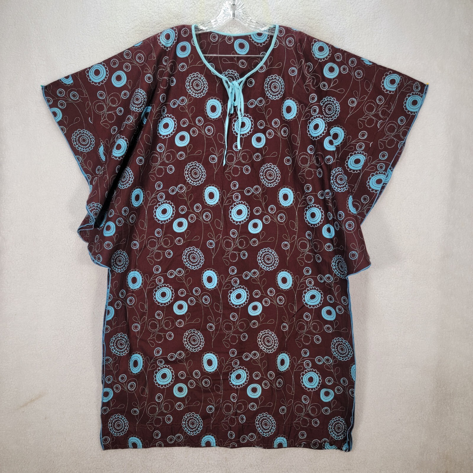 Brown Cotton Floral Retro Slit Flutter Kaftan Midi Eccentric Women Dress Size XL