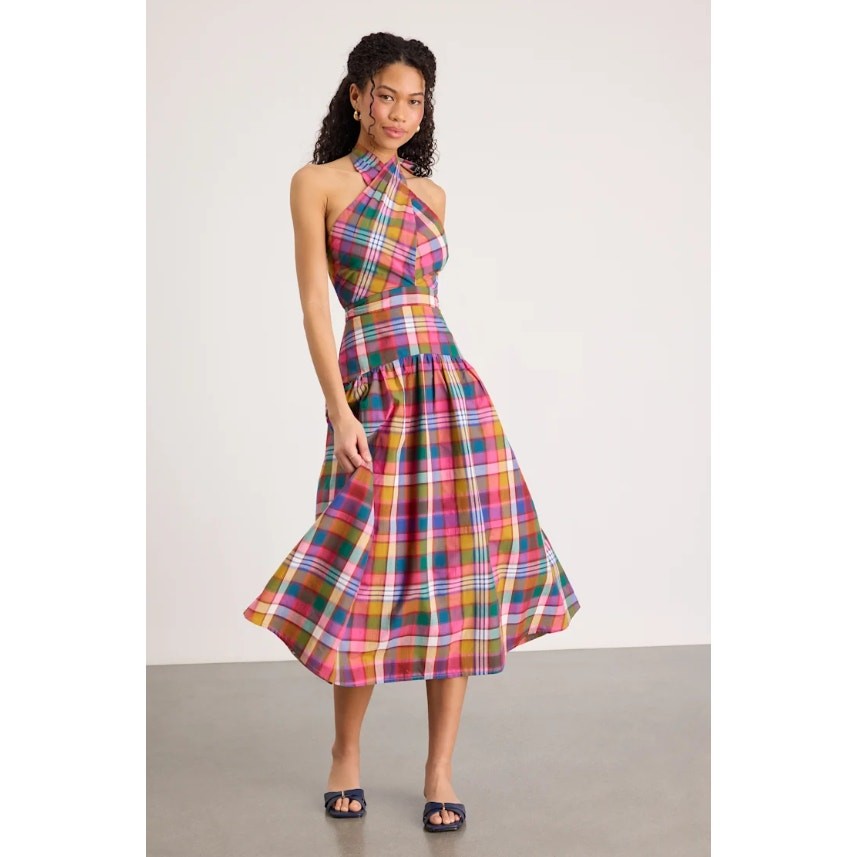 Lulus Just Me Rynna Pink Plaid Cotton Halter Midi Dress Drop Waist Cottage Small