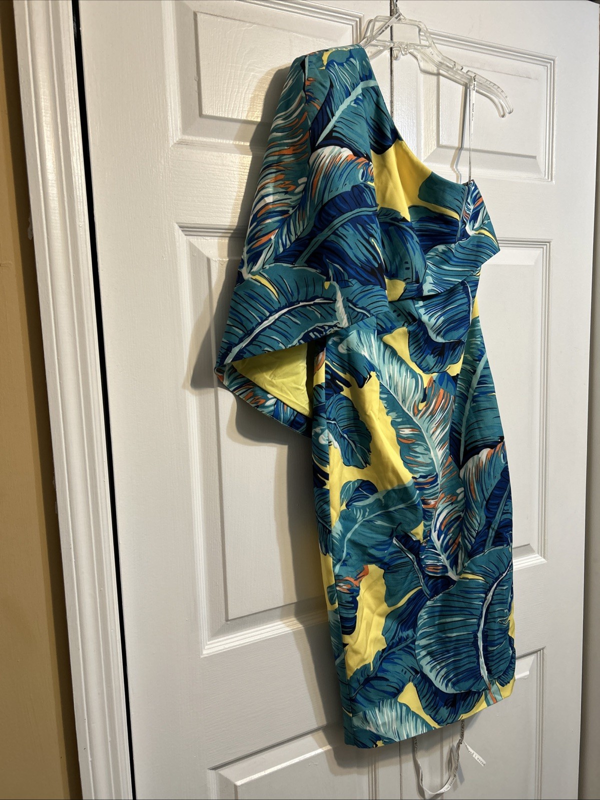 NWT *FLAW* Lavish Alice One Shoulder Cape Midi Dress Yellow Blue Palm Print Sz 4