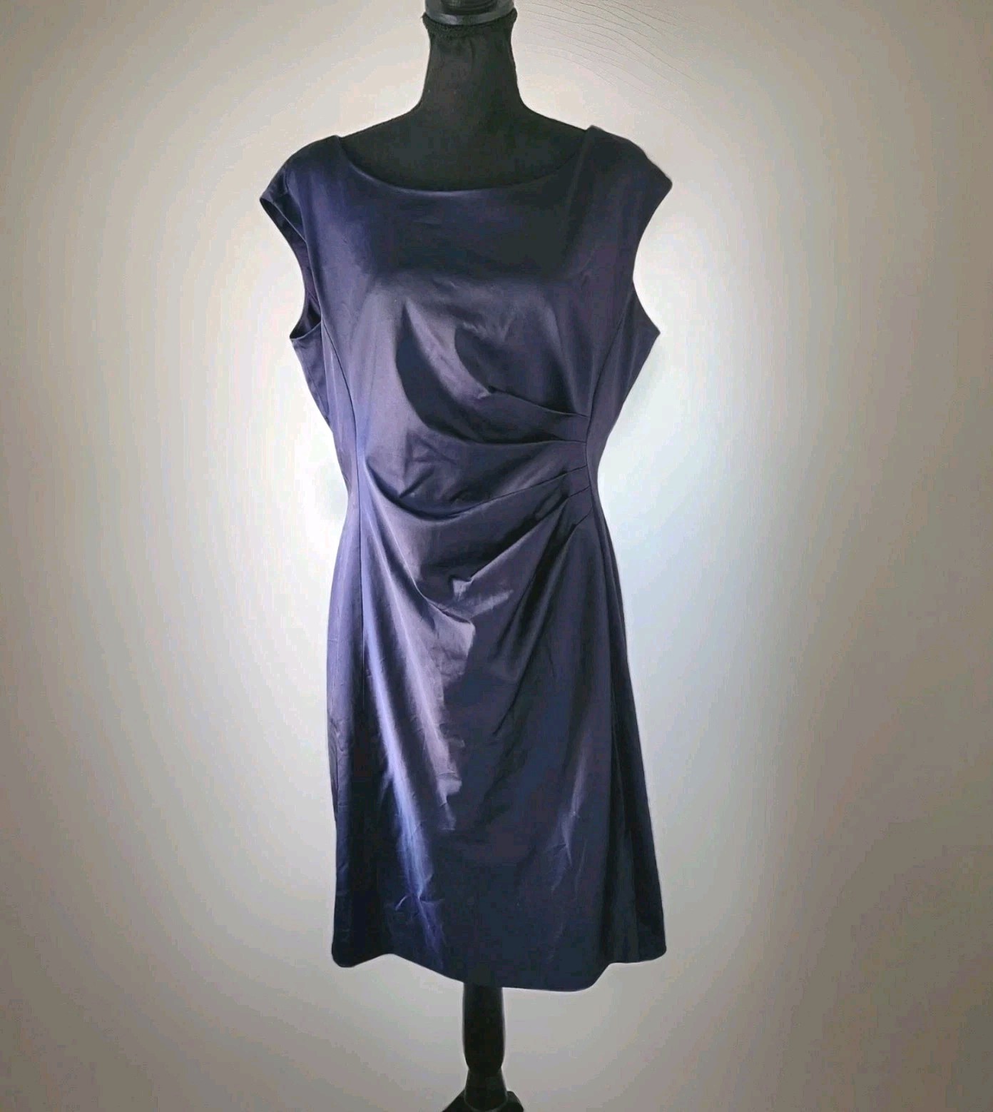 Lauren Ralph Lauren Navy Sheath Dress Rouched Waist Cap Sleeves Classic Size 16