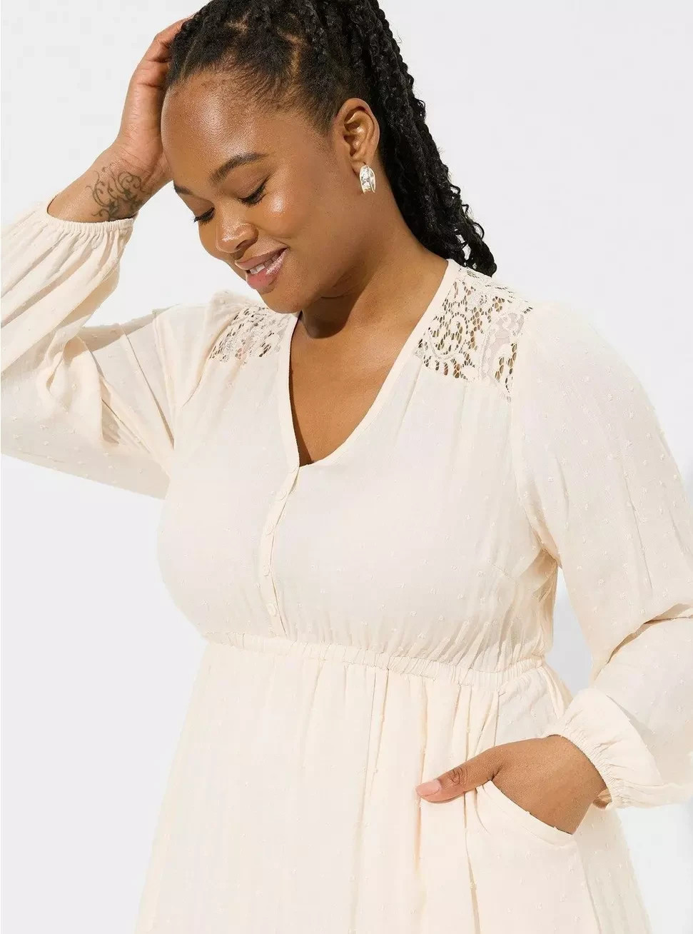 Torrid NWT Plus Size 1X Ivory Swiss Dot Lace Contrast Tiered Maxi Dress Romantic