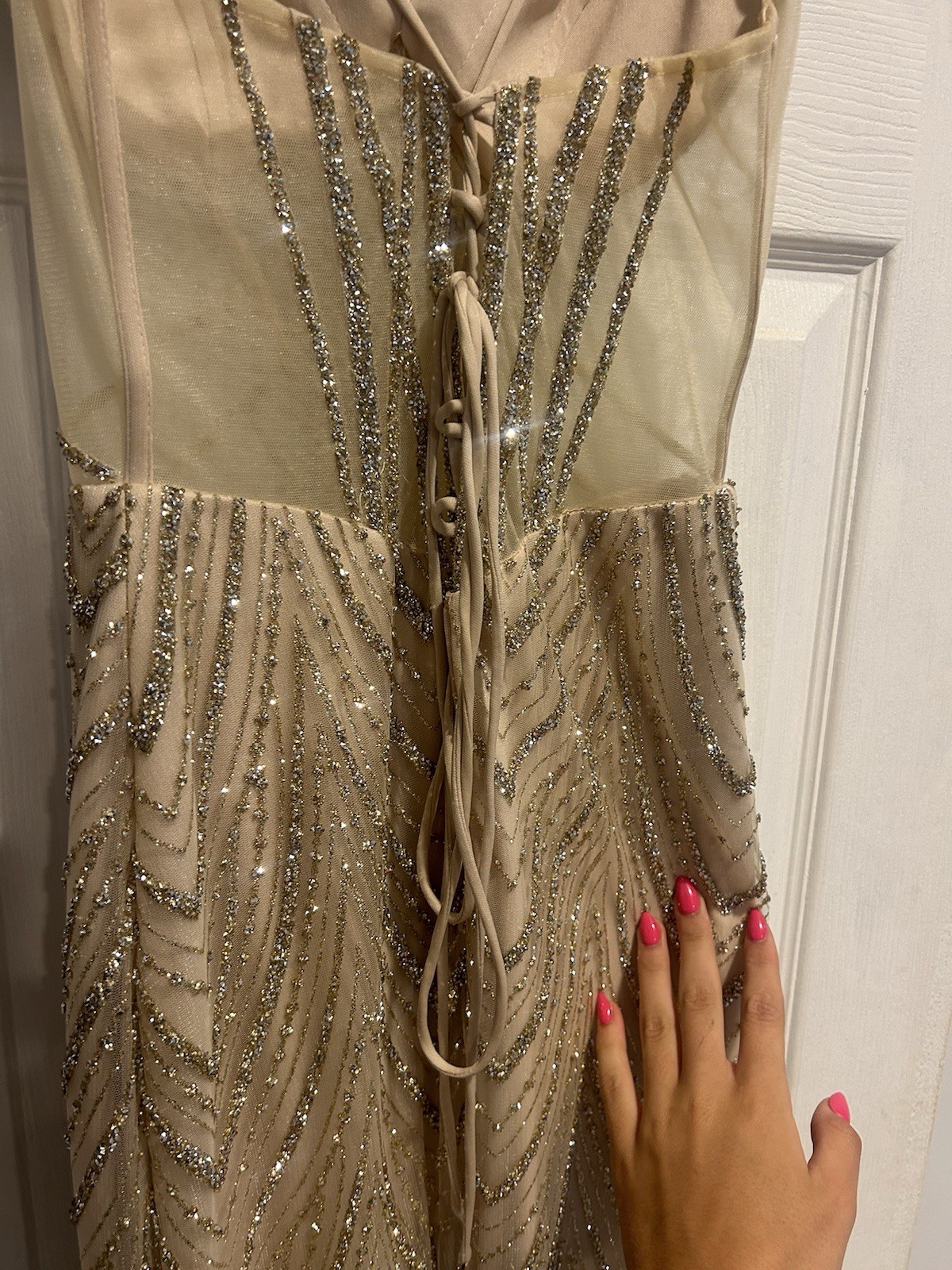 CD Champagne Gold Beaded Sequin Mesh Corset Lace-Up Long Gown Size 0