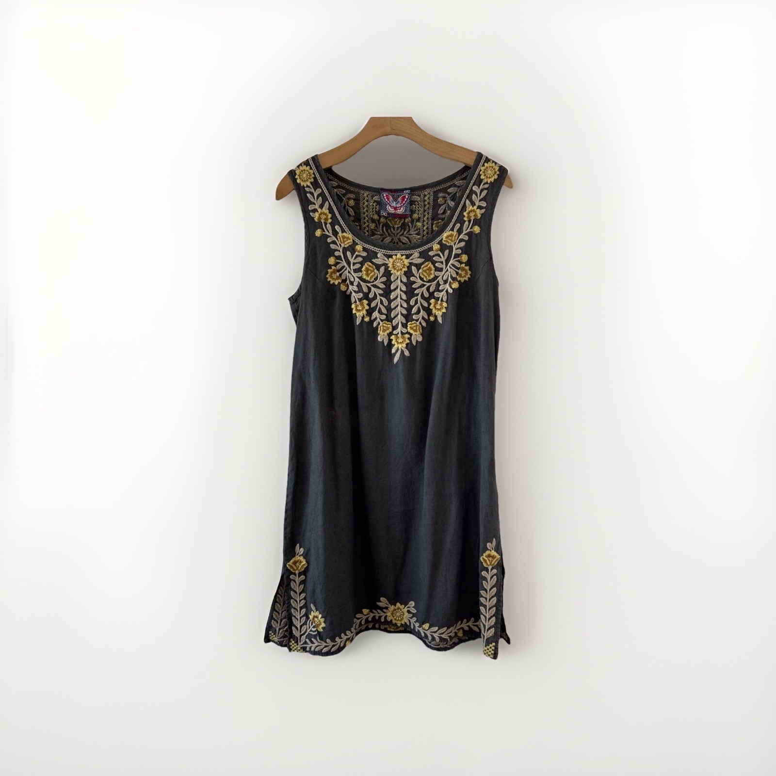 Johnny Was Embroidered Linen Tunic Dress Womens S Gray Floral Boho Sleeveless