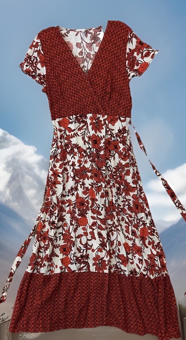 Lapis Dress L New Faux Wrap Midi Crossover Bust Boho Hippie Floral Sundress