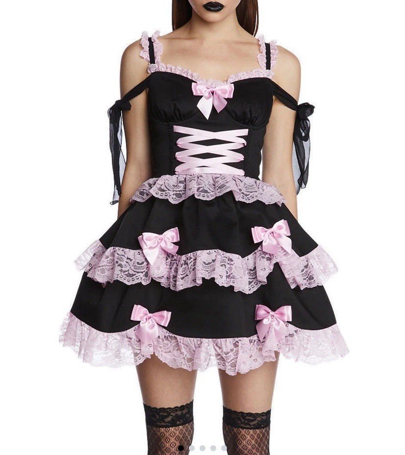 DOLLS KILL WIDOW THANK GOTH FOR YOU MINI DRESS BLACK W/PINK LACE BOWS Medium