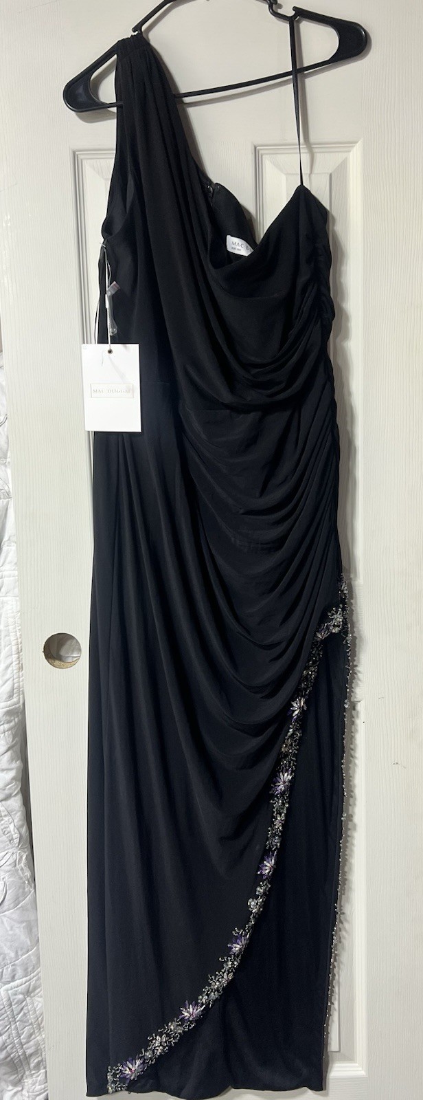 Mac Duggal Black One Shoulder Ruched Long Gown Beaded Trim Plus 18W