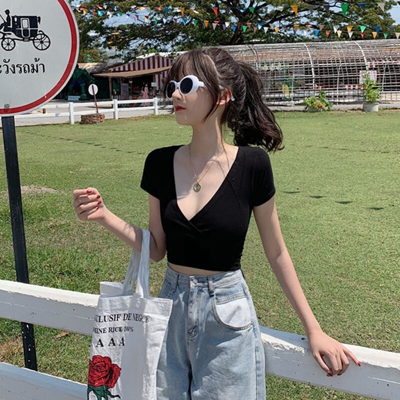Women’s Sexy Crop Tops V Neck T-Shirt Ladies Short Sleeve Hot Blouse US Floral