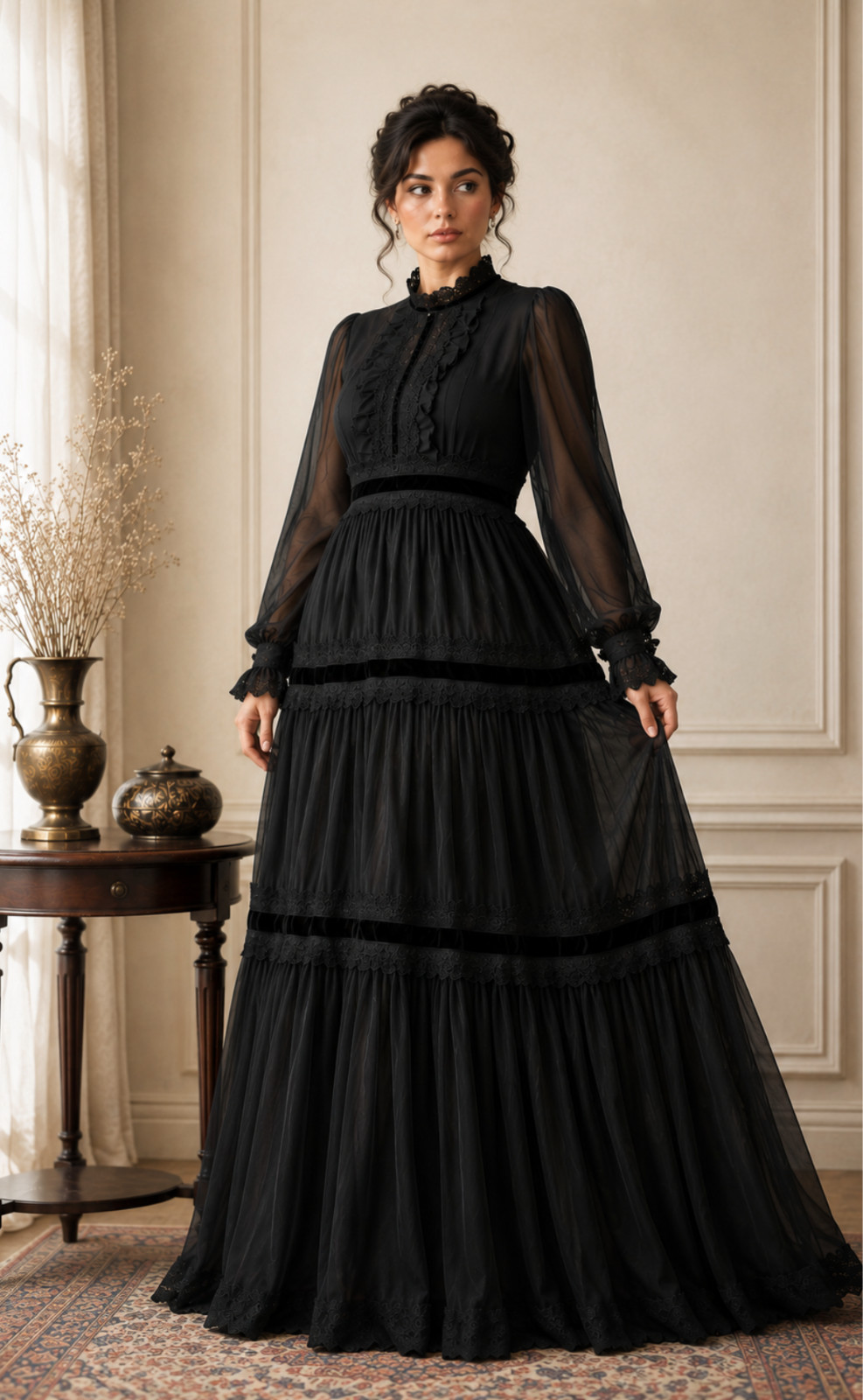 Coldwater Creek Victorian Edwardian Goth maxi long modest lined black dress L