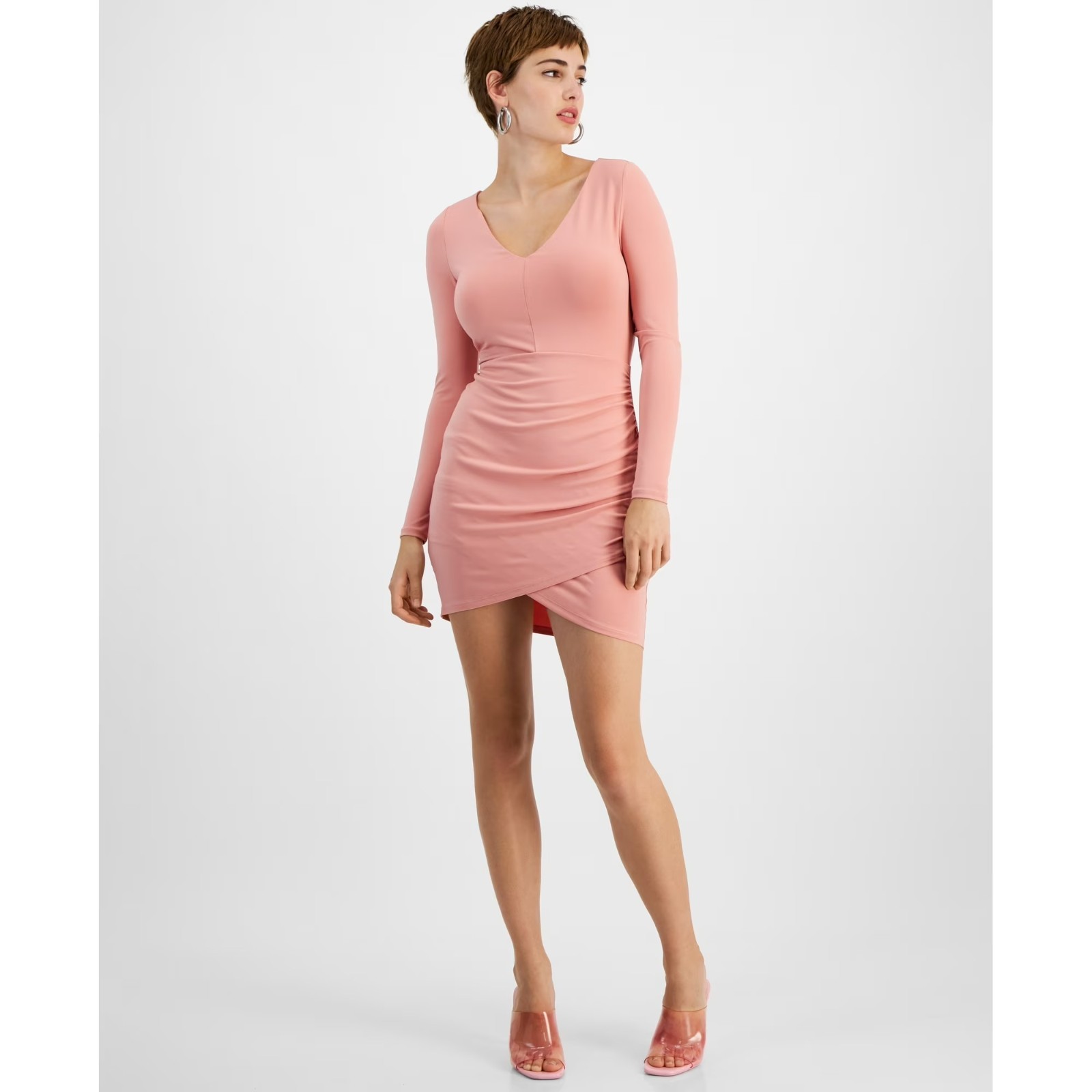 Bar III Womens M Dolores Blush Pink Long-Sleeve Knit Ruched Mini Dress NWT AP49