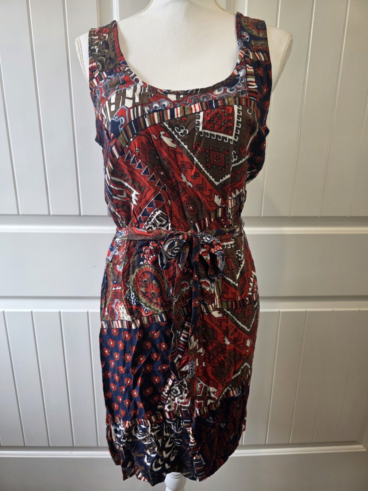 Lucky Brand NWT Patchwork Print Sleeveless Tie Waist Sz M Dress Boho Rayon