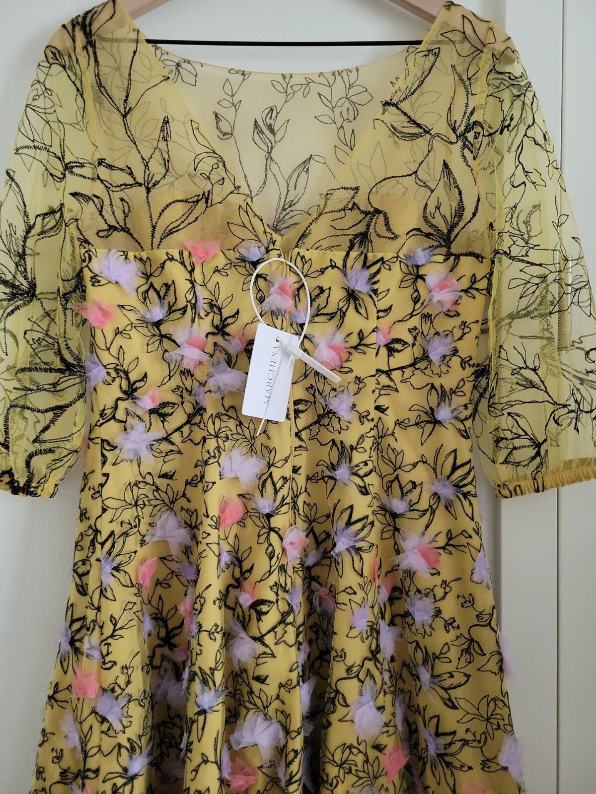Marchesa Notte Embriodered Tulle Mini Dress Size 6 Yellow Floral Wedding NWT