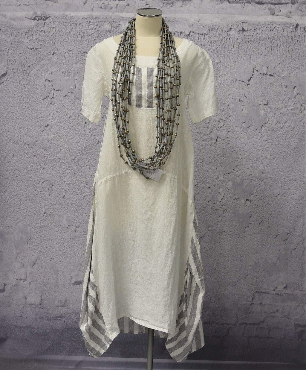 LUUKAA Linen 8Y0524 Lagenlook Light Linen STRIPE POCKET DRESS (sizes 6-10) WHITE