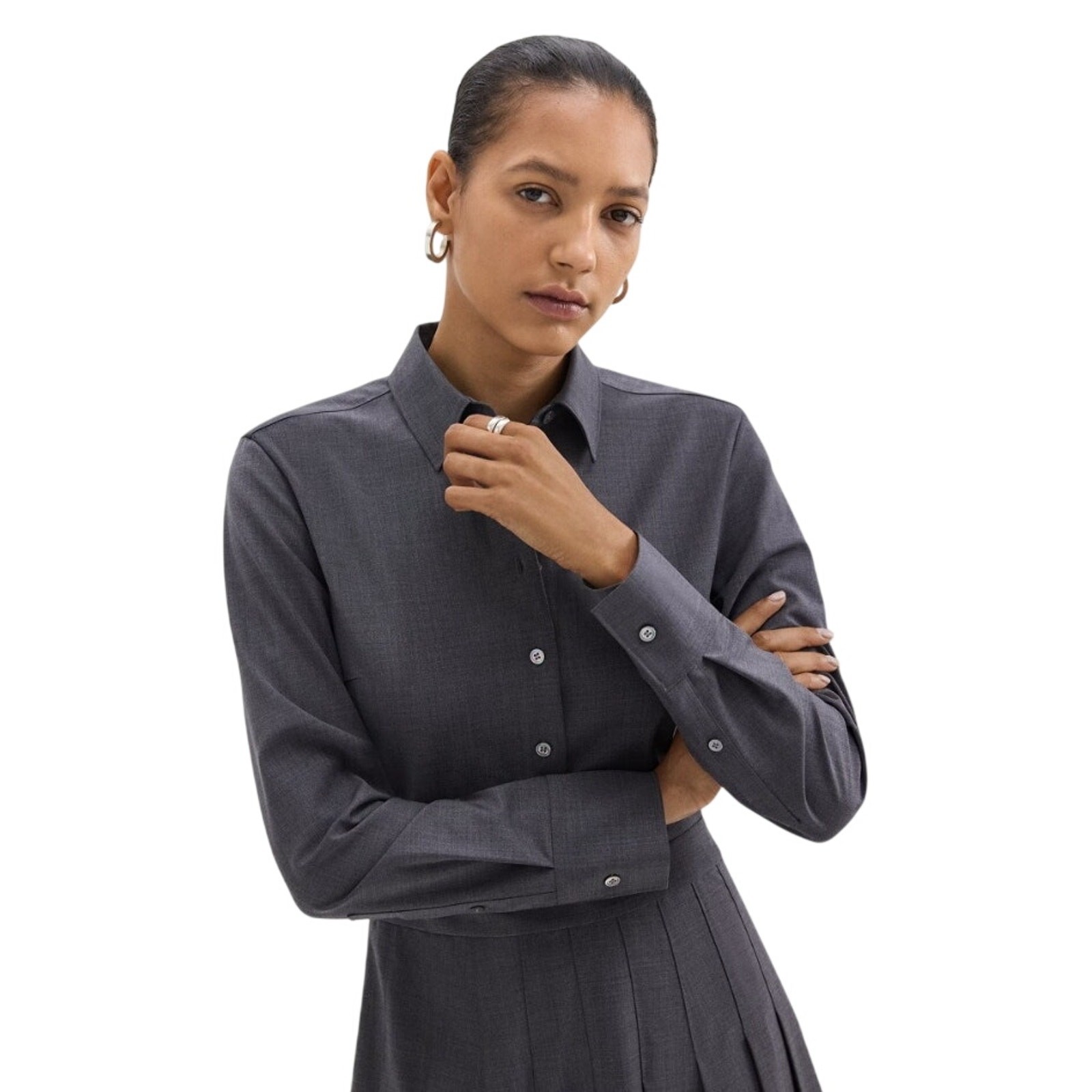 Theory Women Charcoal Wool Blend Classic Pleated Mini Shirt Dress Size US 8
