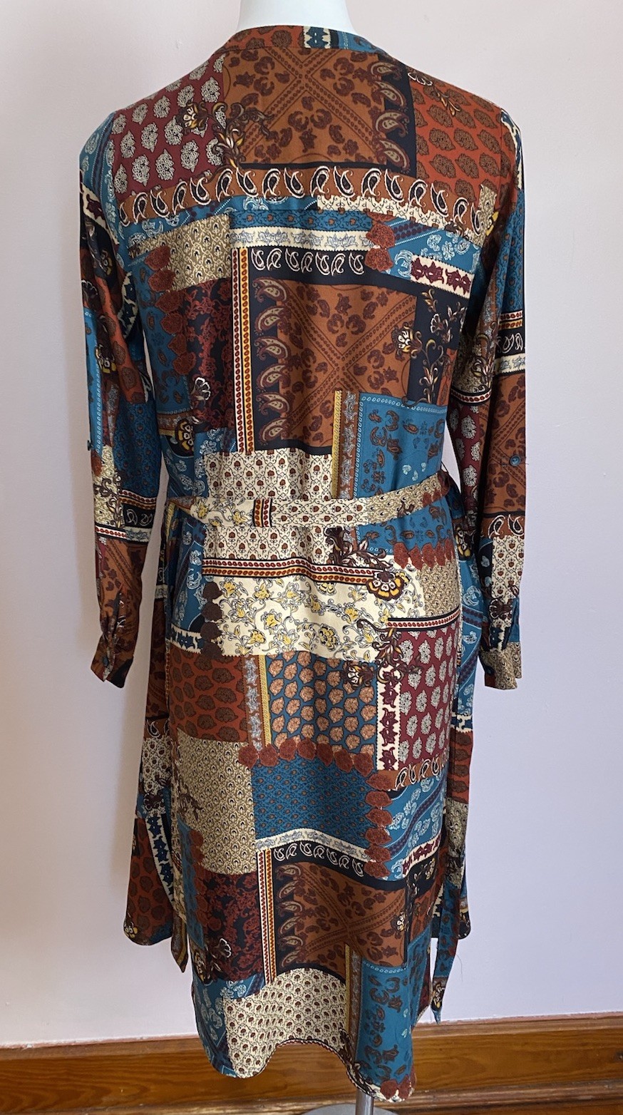 Apricot Long Sleeve Patchwork Paisley Floral Color High Low Shirt Dress Size 4